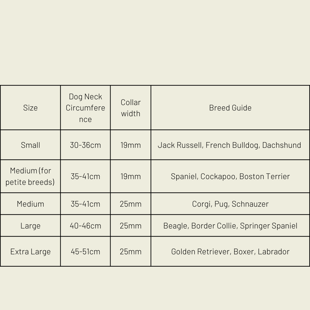 Size guide for luxury British dog collars