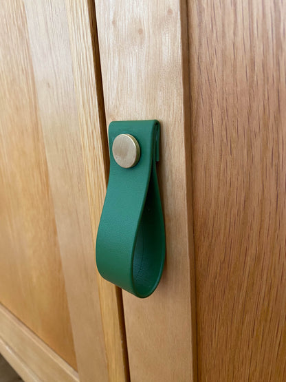 Cupboard door drawer pull, made with apple leather