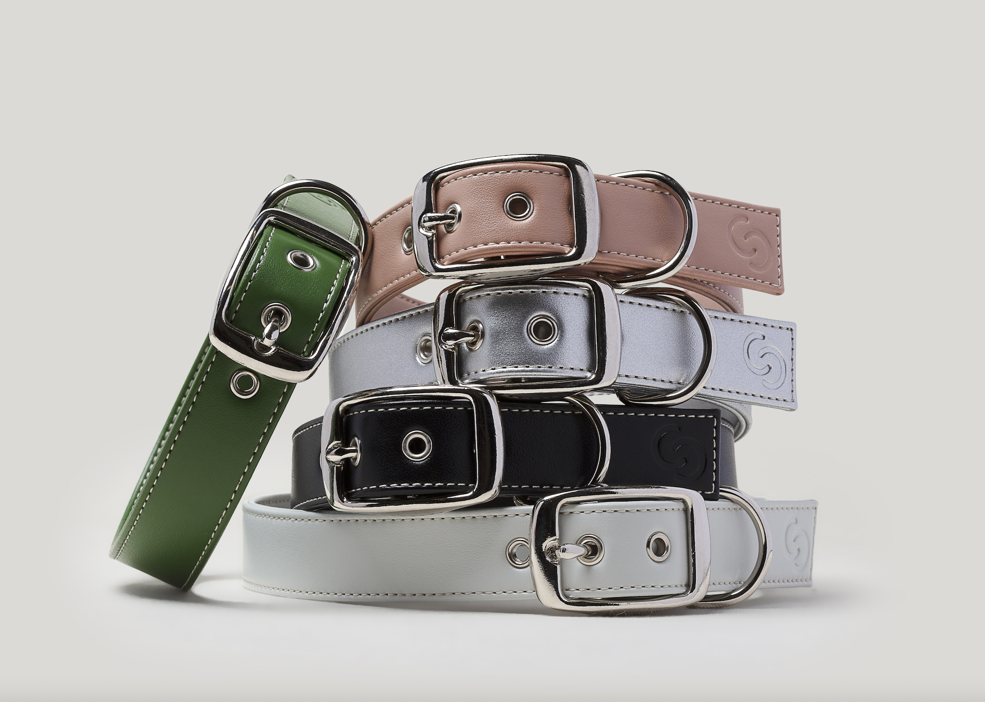 Artisan handmade dog collars and accessories available in blush pink, forest green, ice blue, black and silver